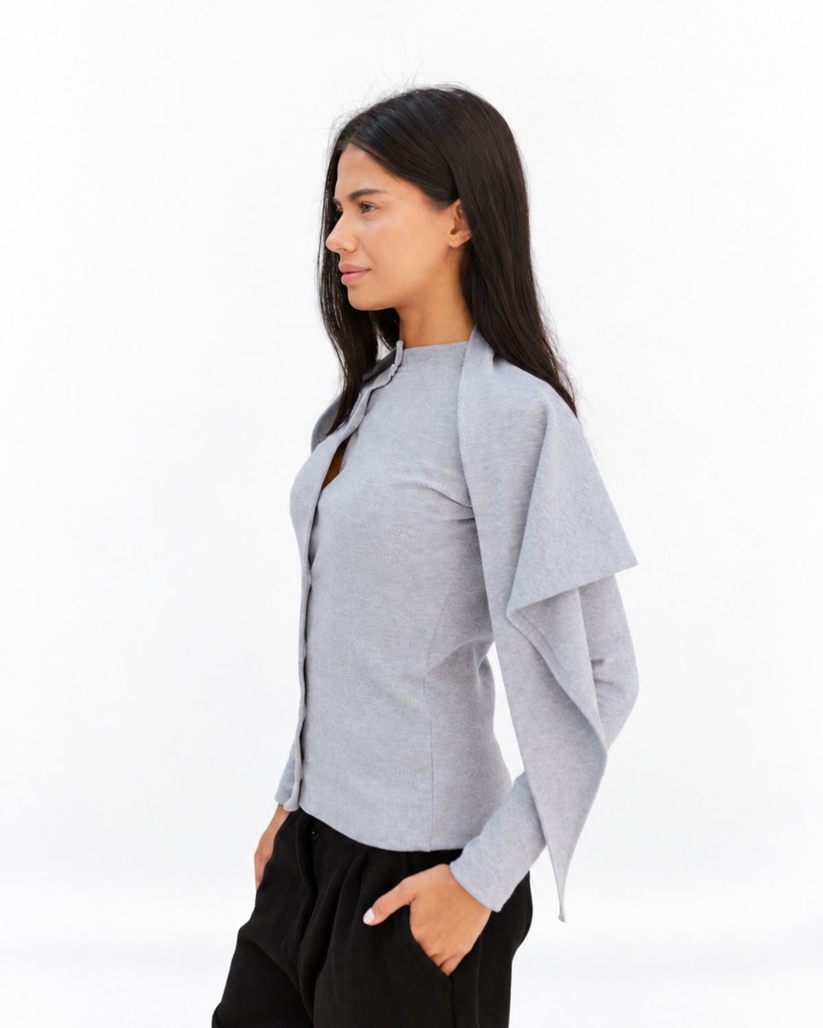Black Button Top in Grey (Top + Scarf)