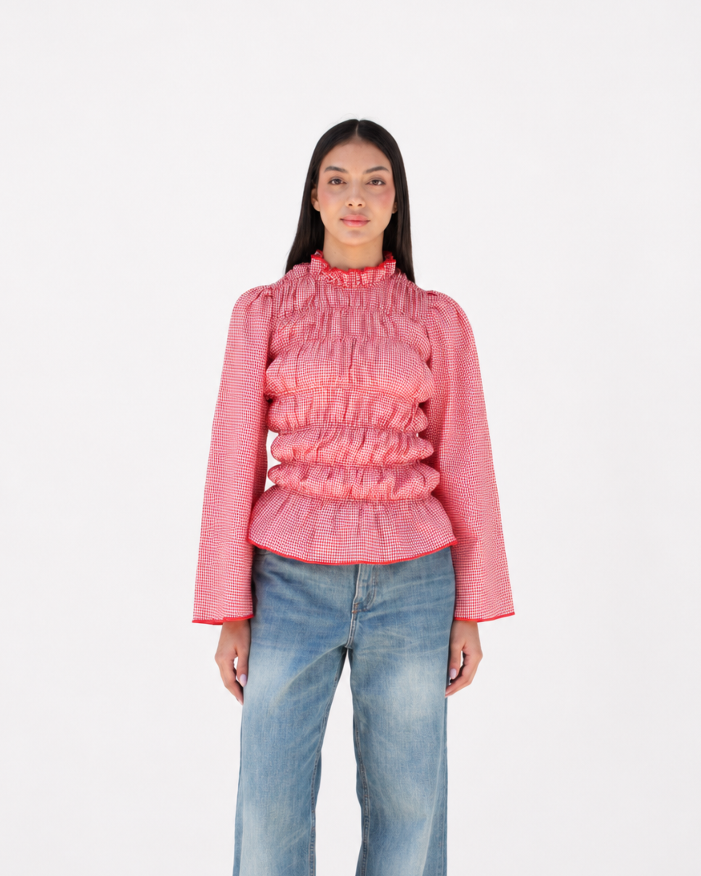 Smocked long sleeve top in red