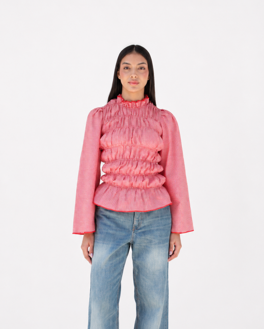 Smocked long sleeve top in red