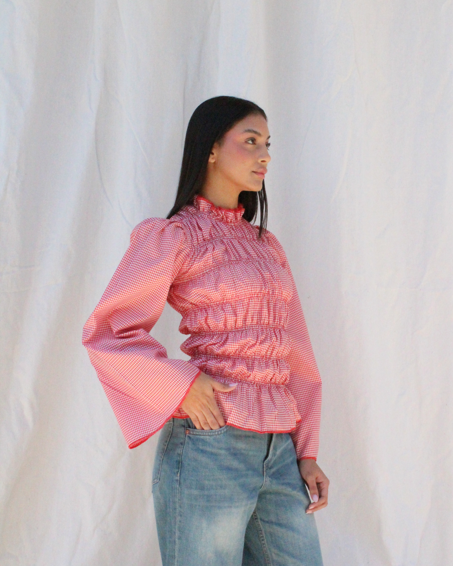 Smocked long sleeve top in red