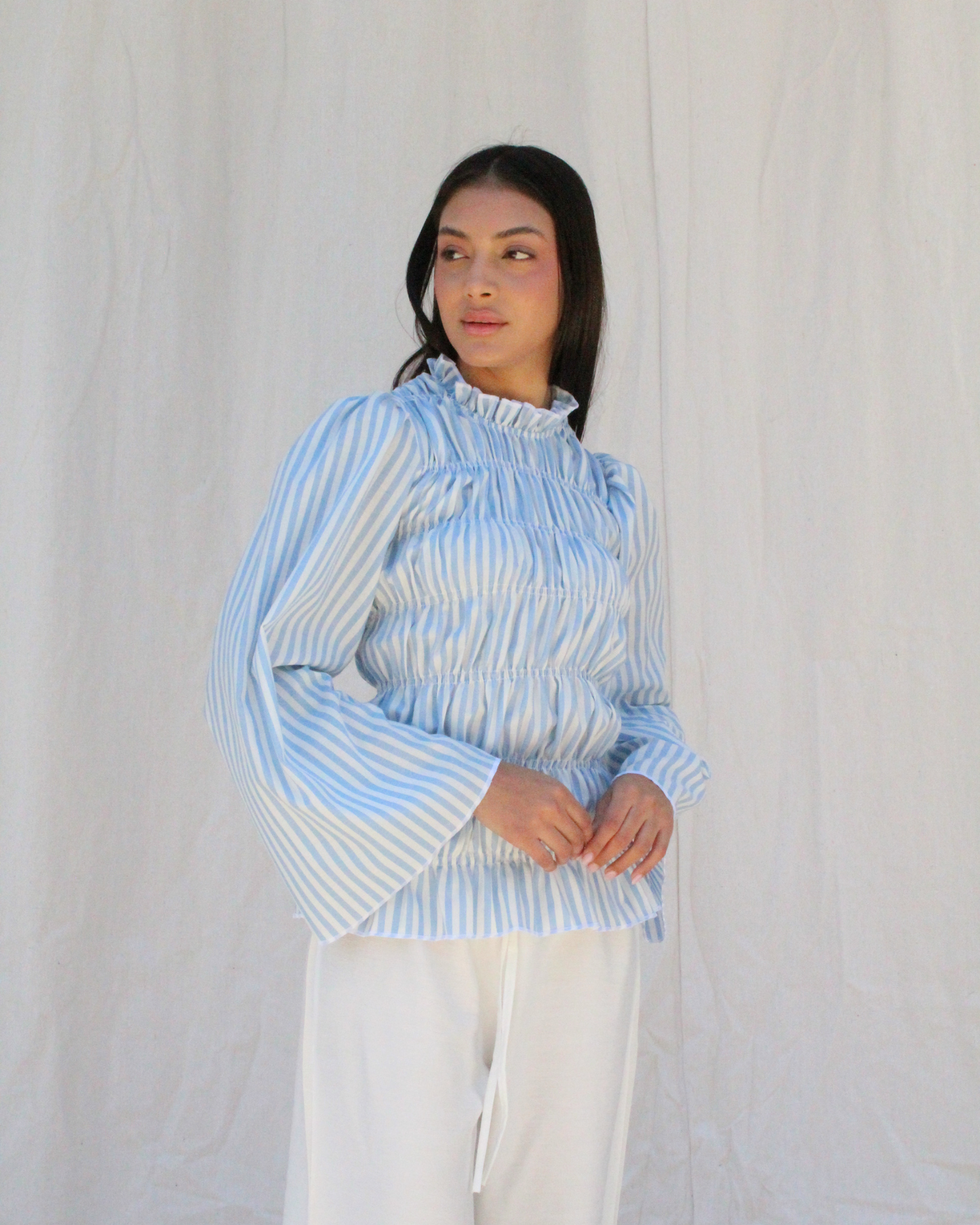 Smocked long sleeve top in blue