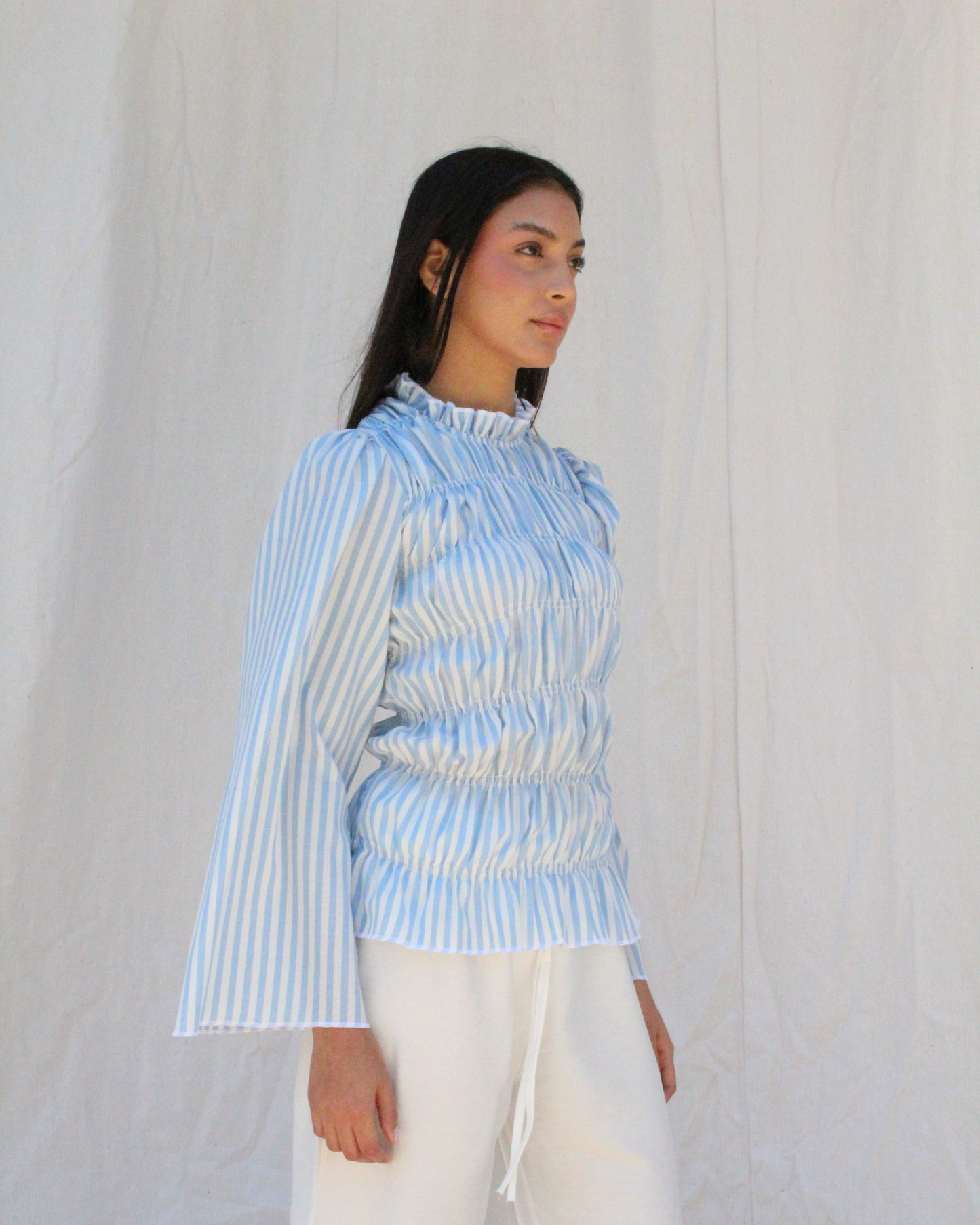 Smocked long sleeve top in blue