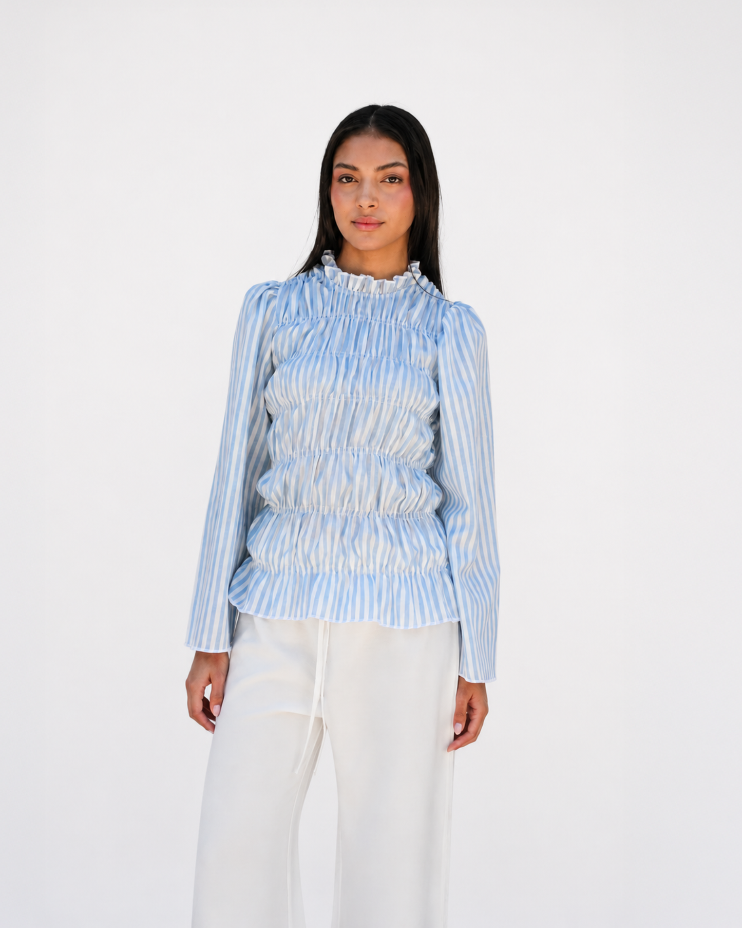 Smocked long sleeve top in blue