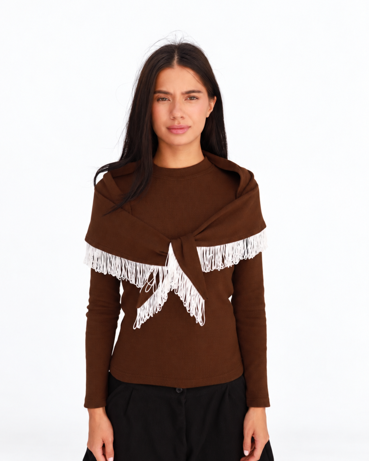 Fringe Top in Brown (Top + Scarf).