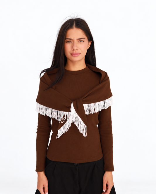 Fringe Top in Brown (Top + Scarf).
