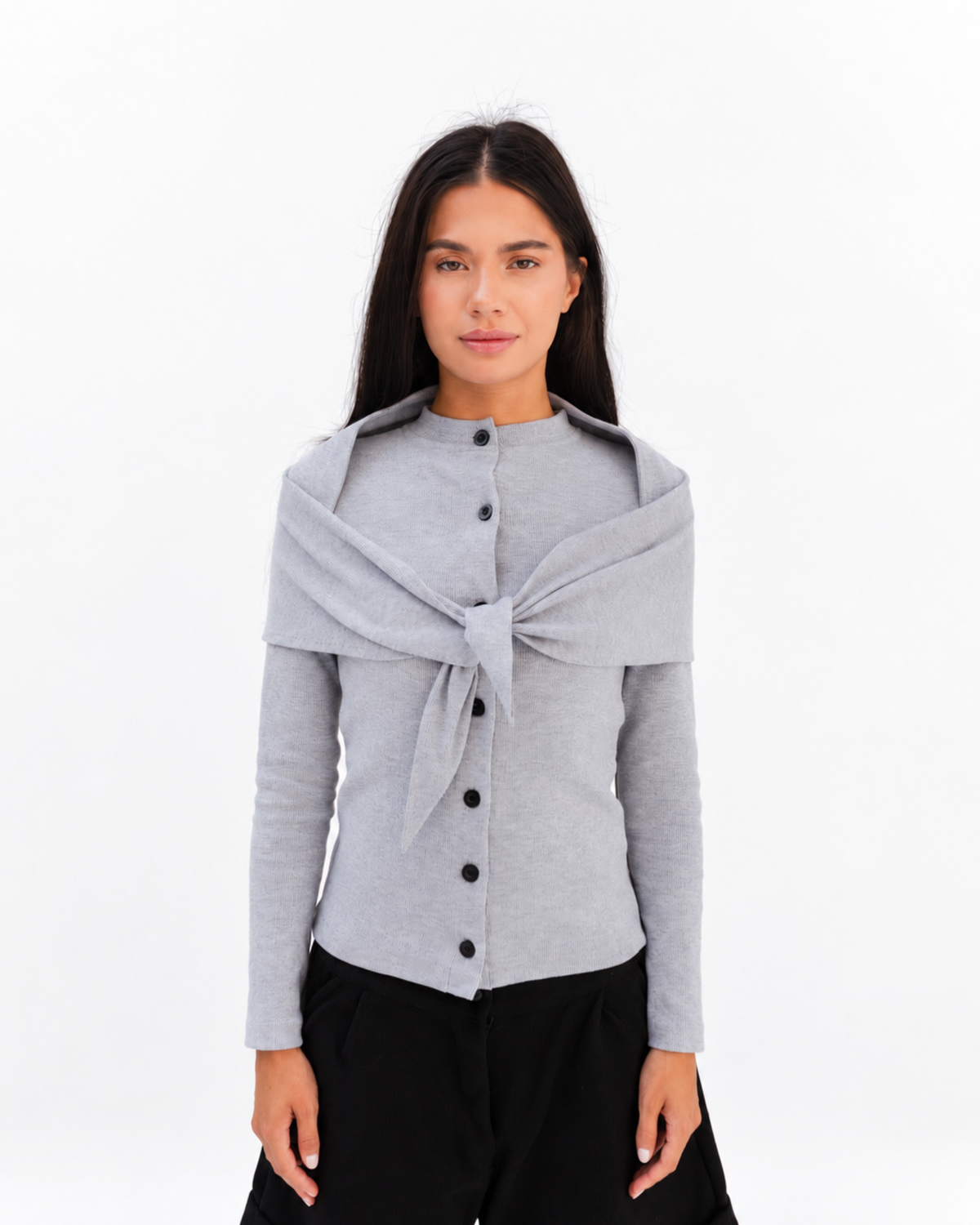 Black Button Top in Grey (Top + Scarf)