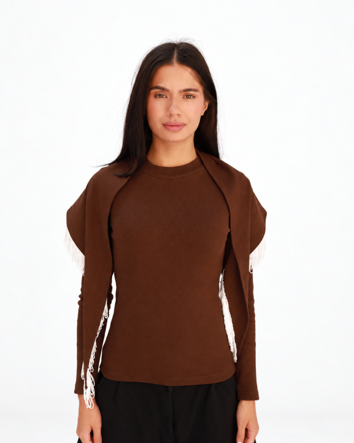 Fringe Top in Brown (Top + Scarf).