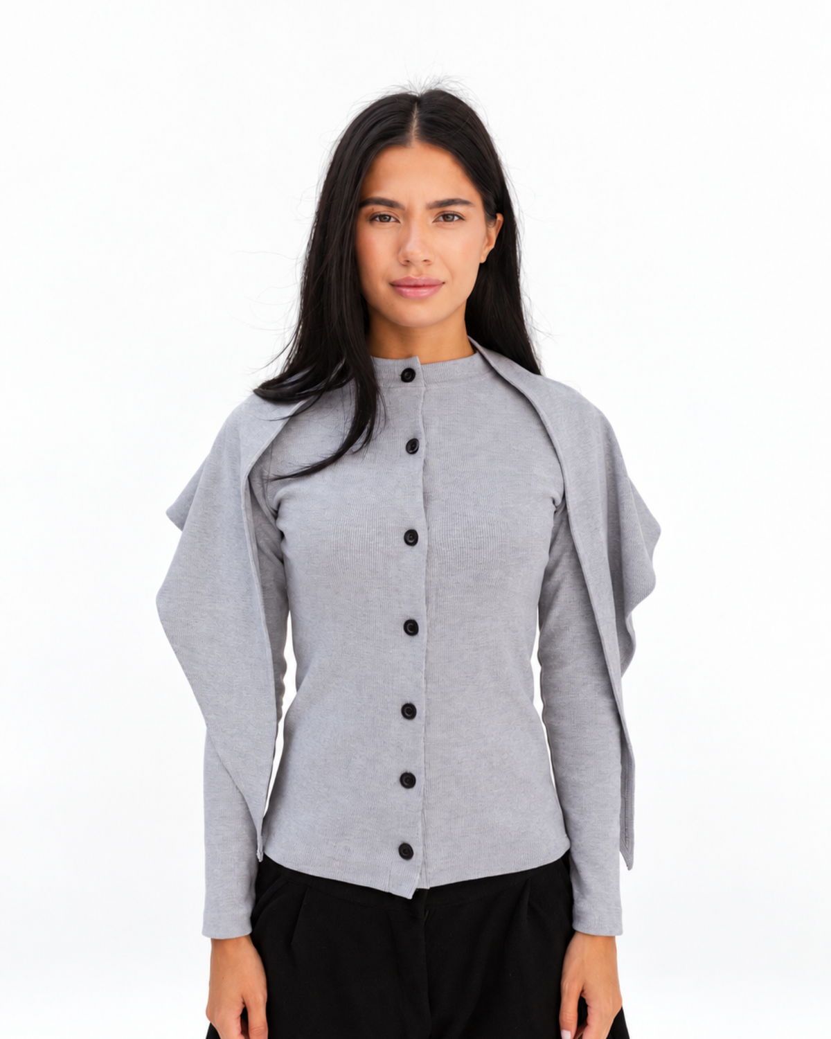 Black Button Top in Grey (Top + Scarf)