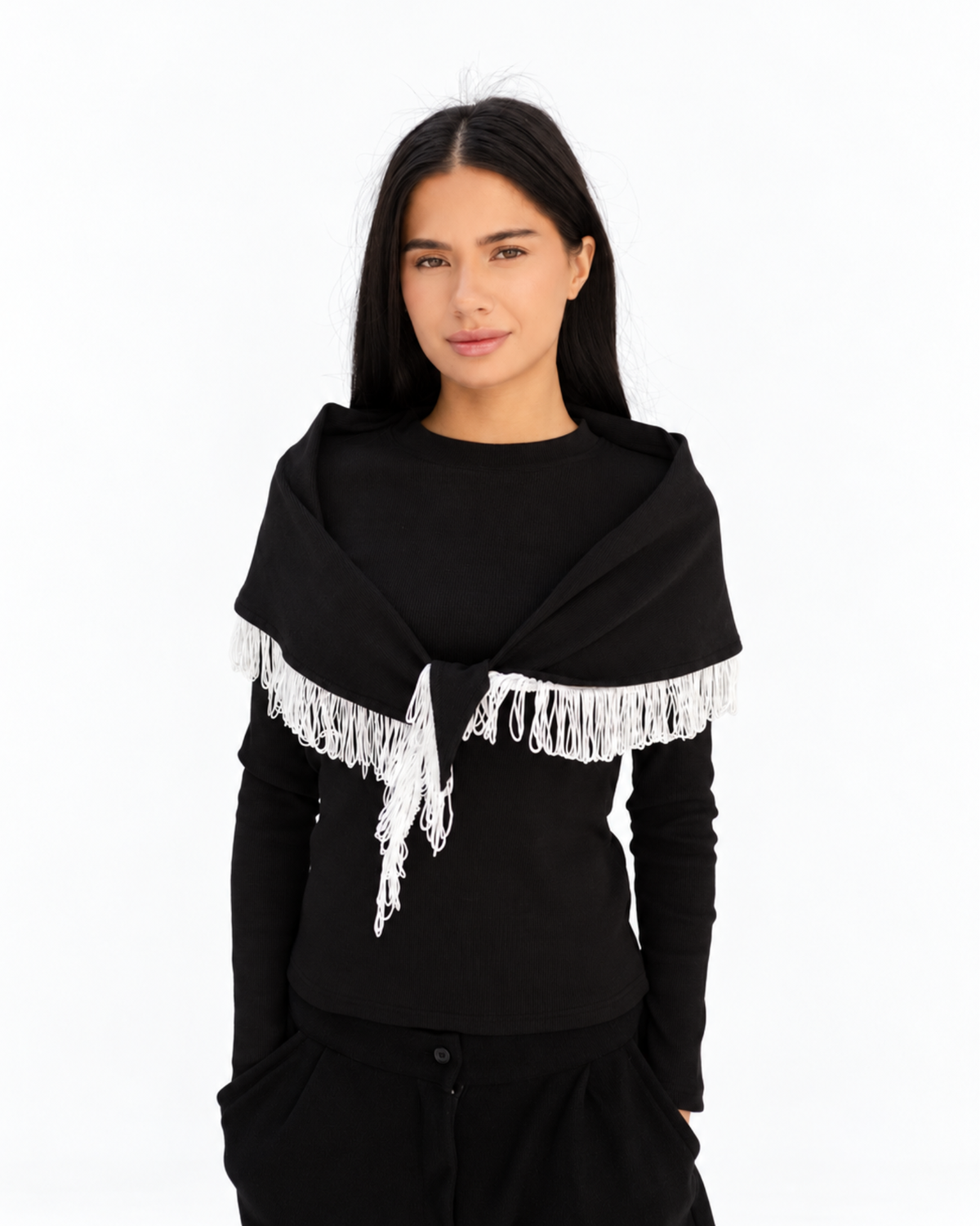 Fringe Top in Black (Top + Scarf).