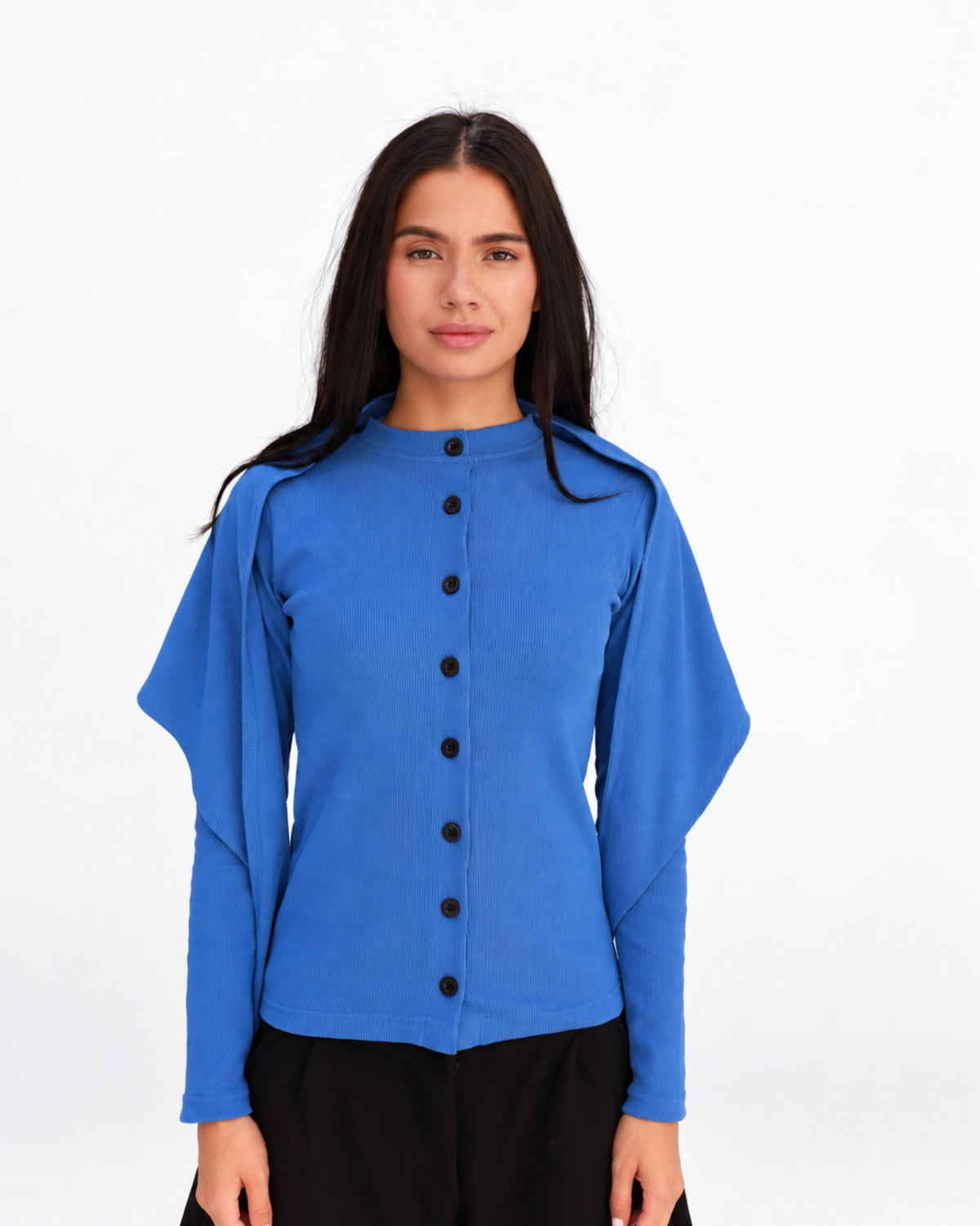 Black Button Top in Blue (Top + Scarf)