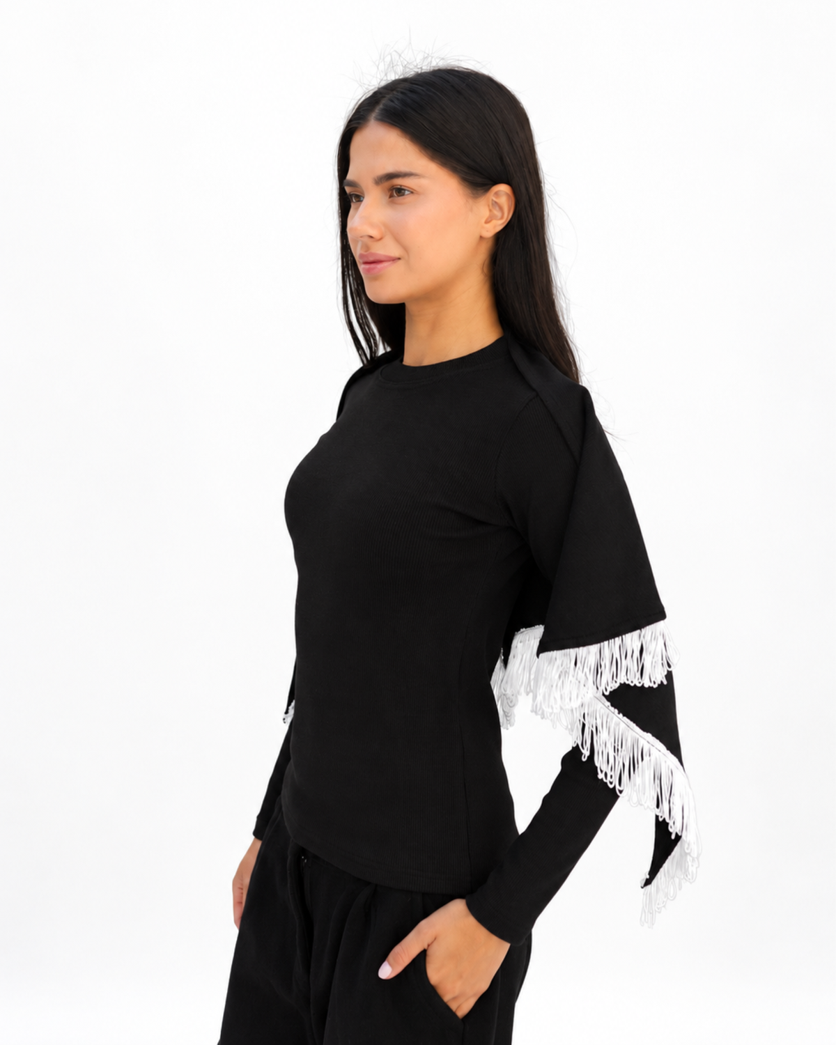 Fringe Top in Black (Top + Scarf).