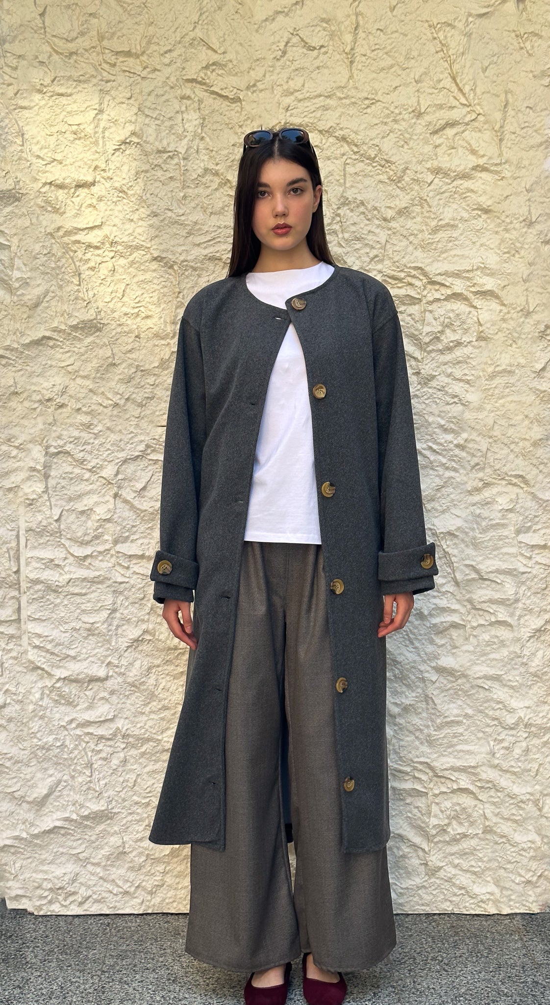 Oversized collarless coat in grey