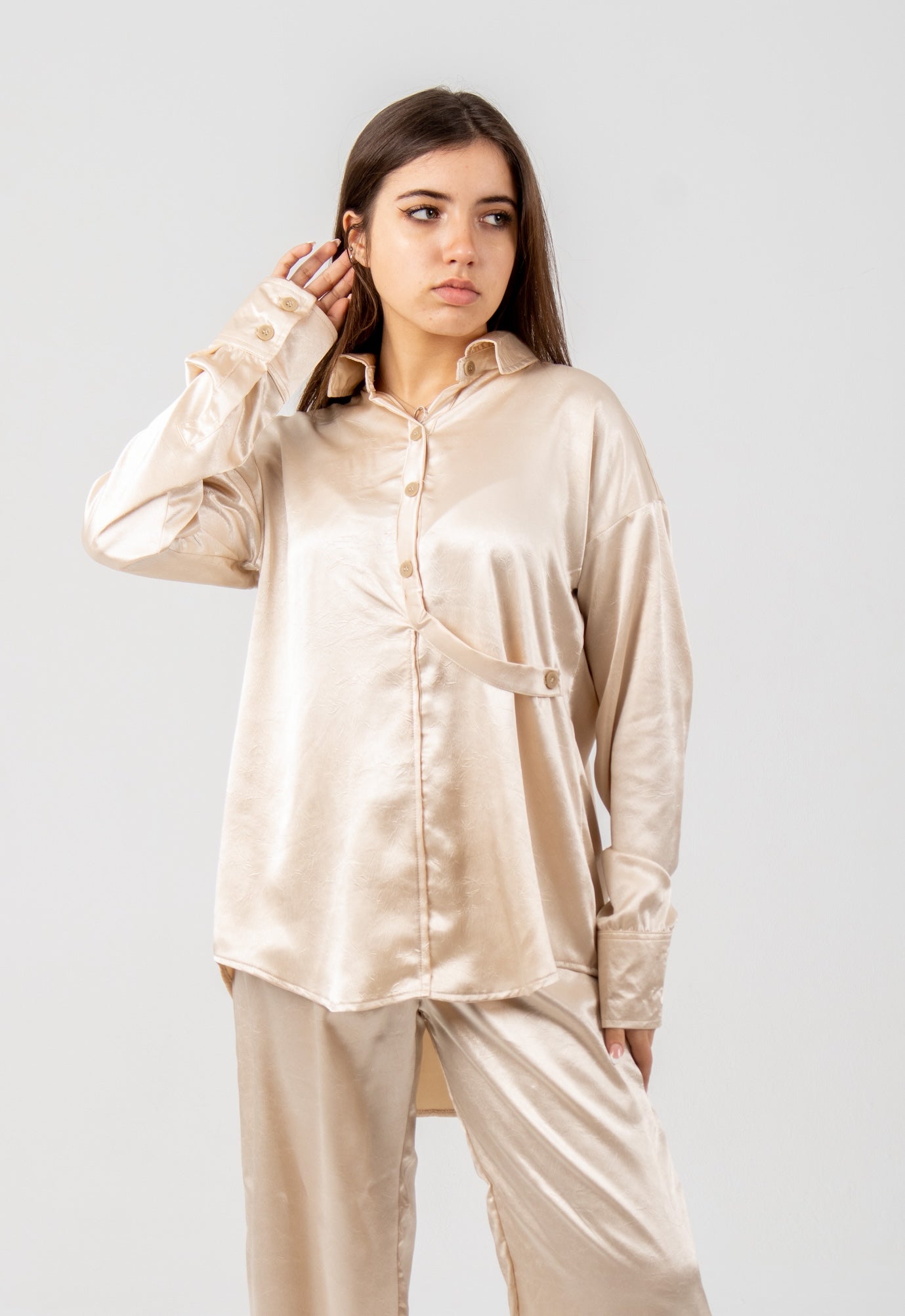 Crushed satin shirt in beige