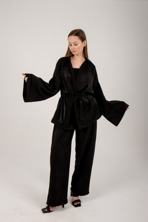 Shimmer X Suede kimono in black