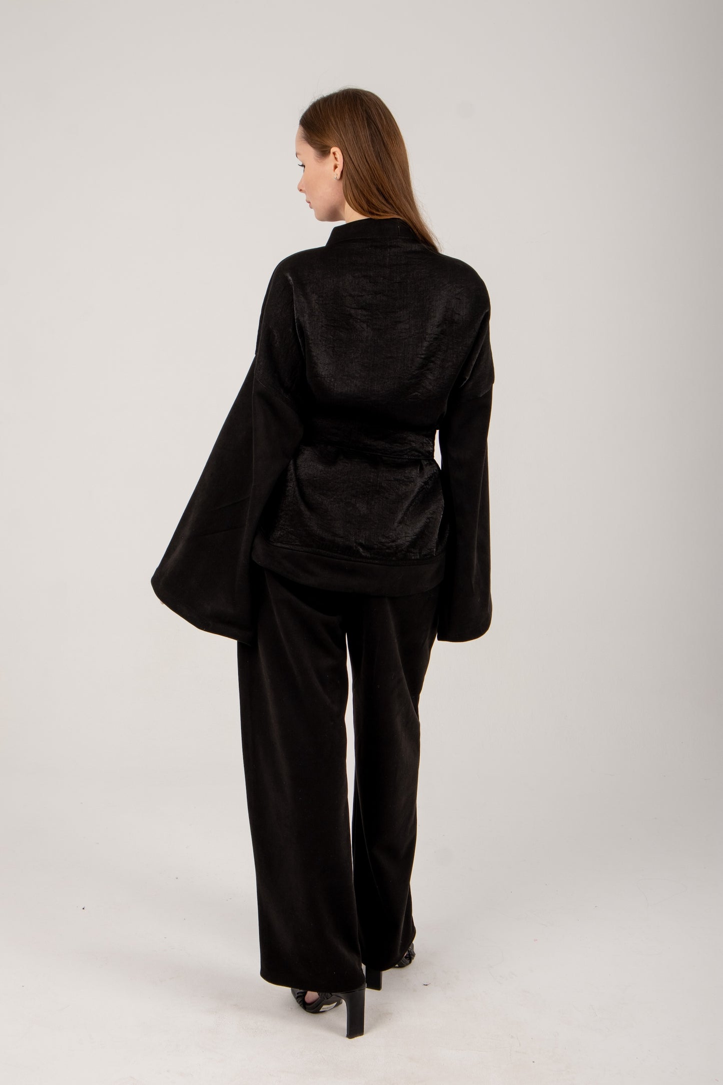 Shimmer X Suede kimono in black