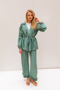 Ruffle kimono set in Turquoise (Kimono + Pants)