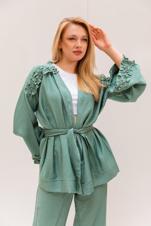 Ruffle kimono set in Turquoise (Kimono + Pants)