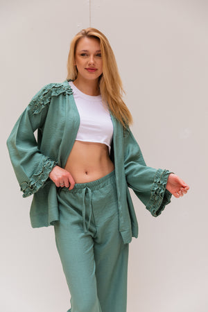 Ruffle kimono set in Turquoise (Kimono + Pants)