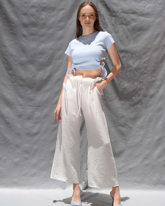 Linen paper bag pants in white