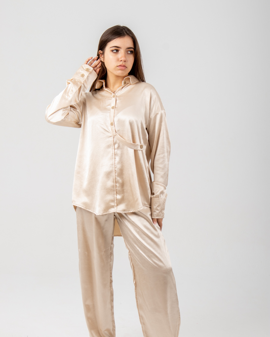 Crushed satin shirt in beige