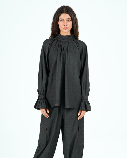 Parachute top in black denim