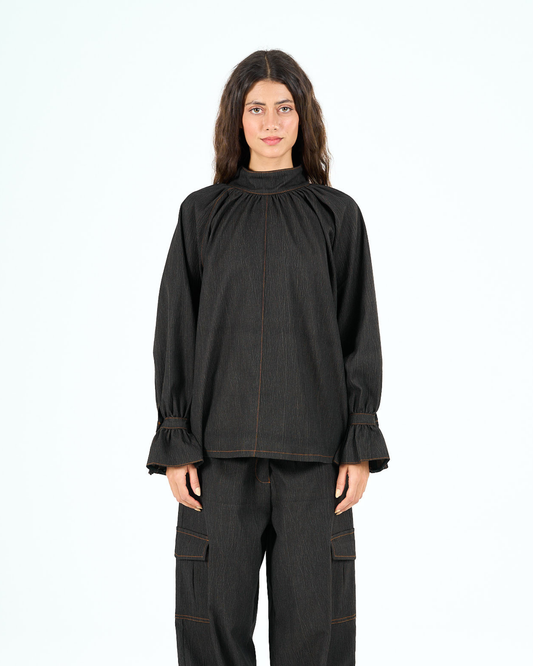 Parachute top in black tie dye denim