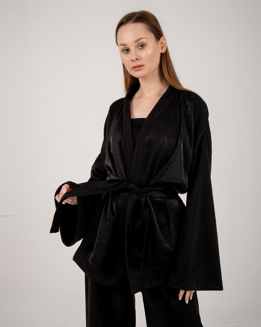 Shimmer X Suede kimono in black