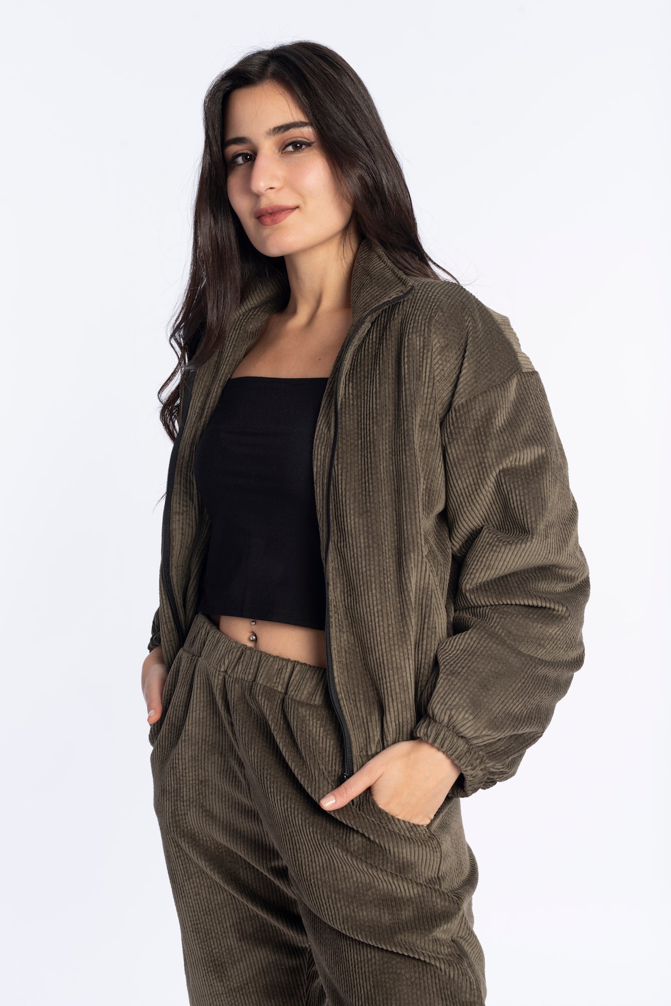 Velvet Bomber Jacket in Olive