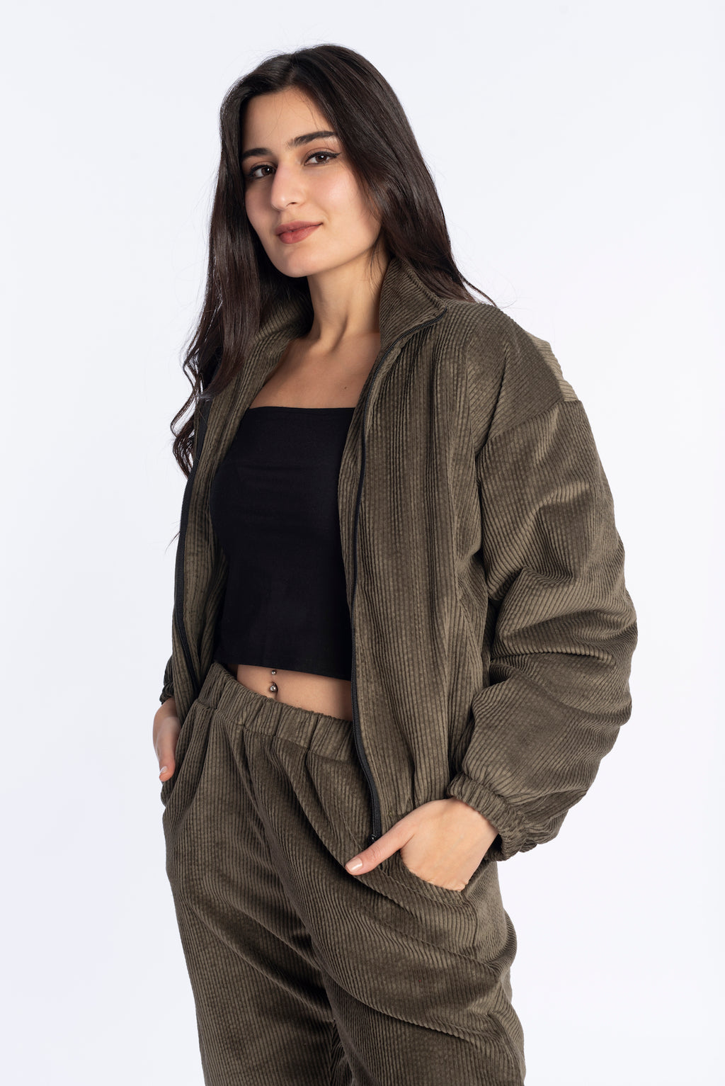 Velvet Bomber Jacket in Olive