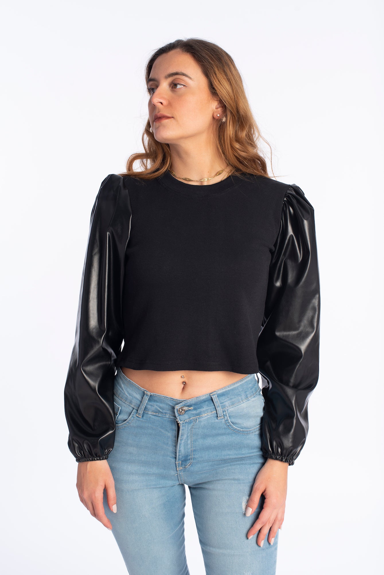 Rib top with leather sleeves