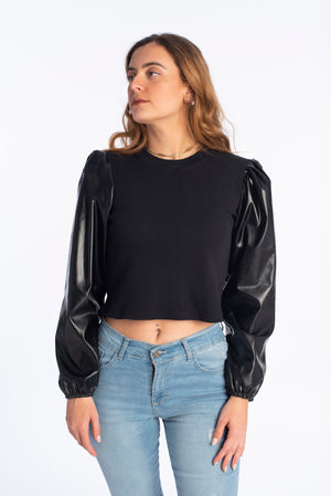 Rib top with leather sleeves