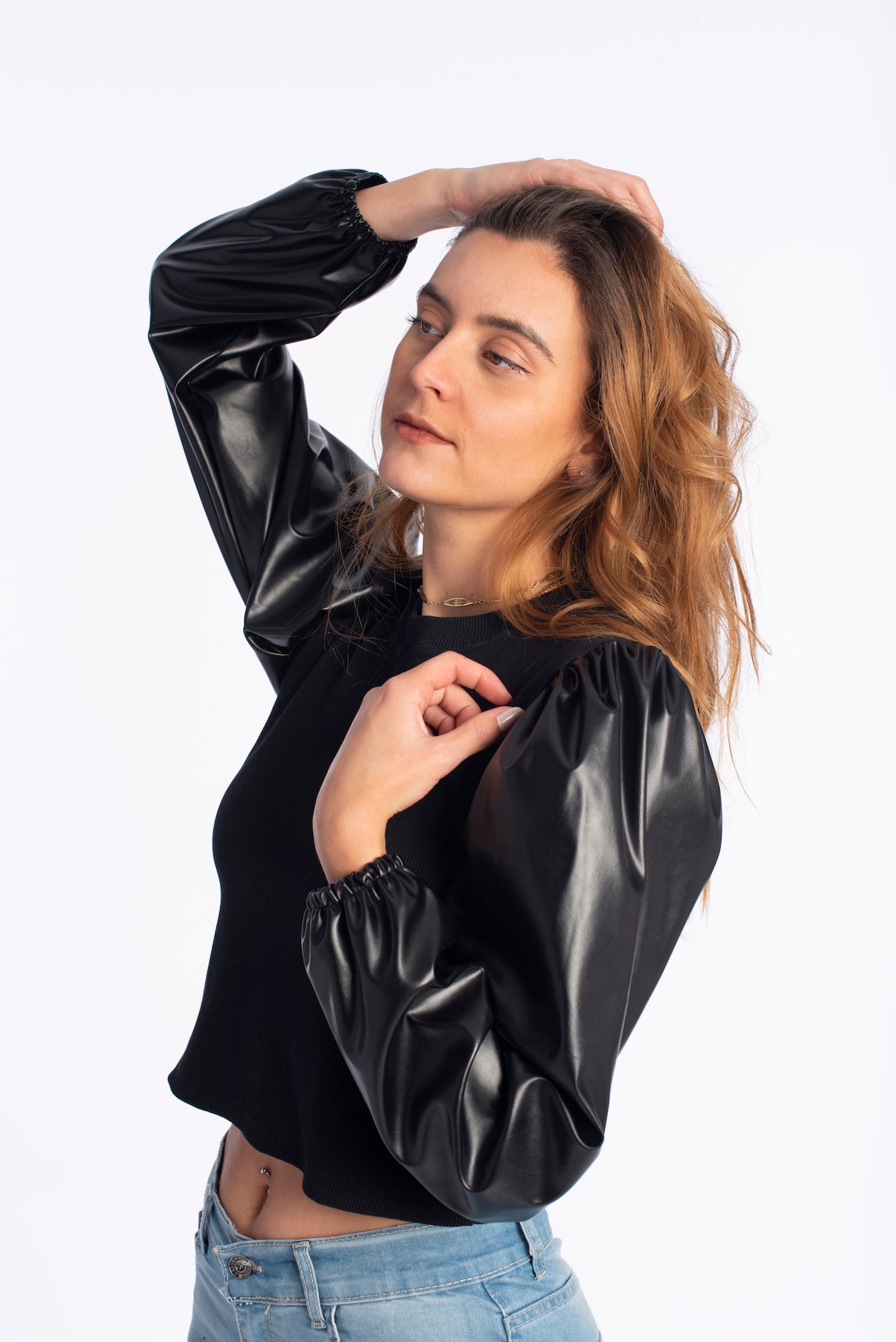 Rib top with leather sleeves