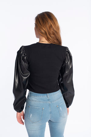 Rib top with leather sleeves