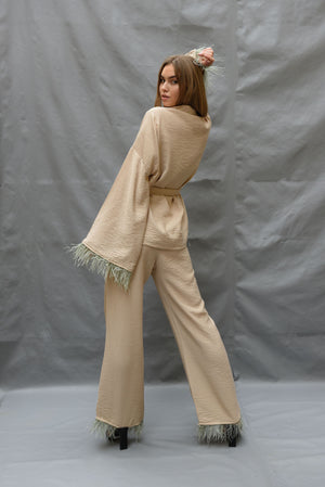 Plume kimono set in beige (Kimono + Pants)