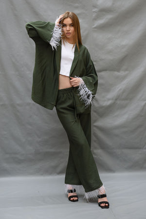 Plume kimono set in olive(kimono + pants)