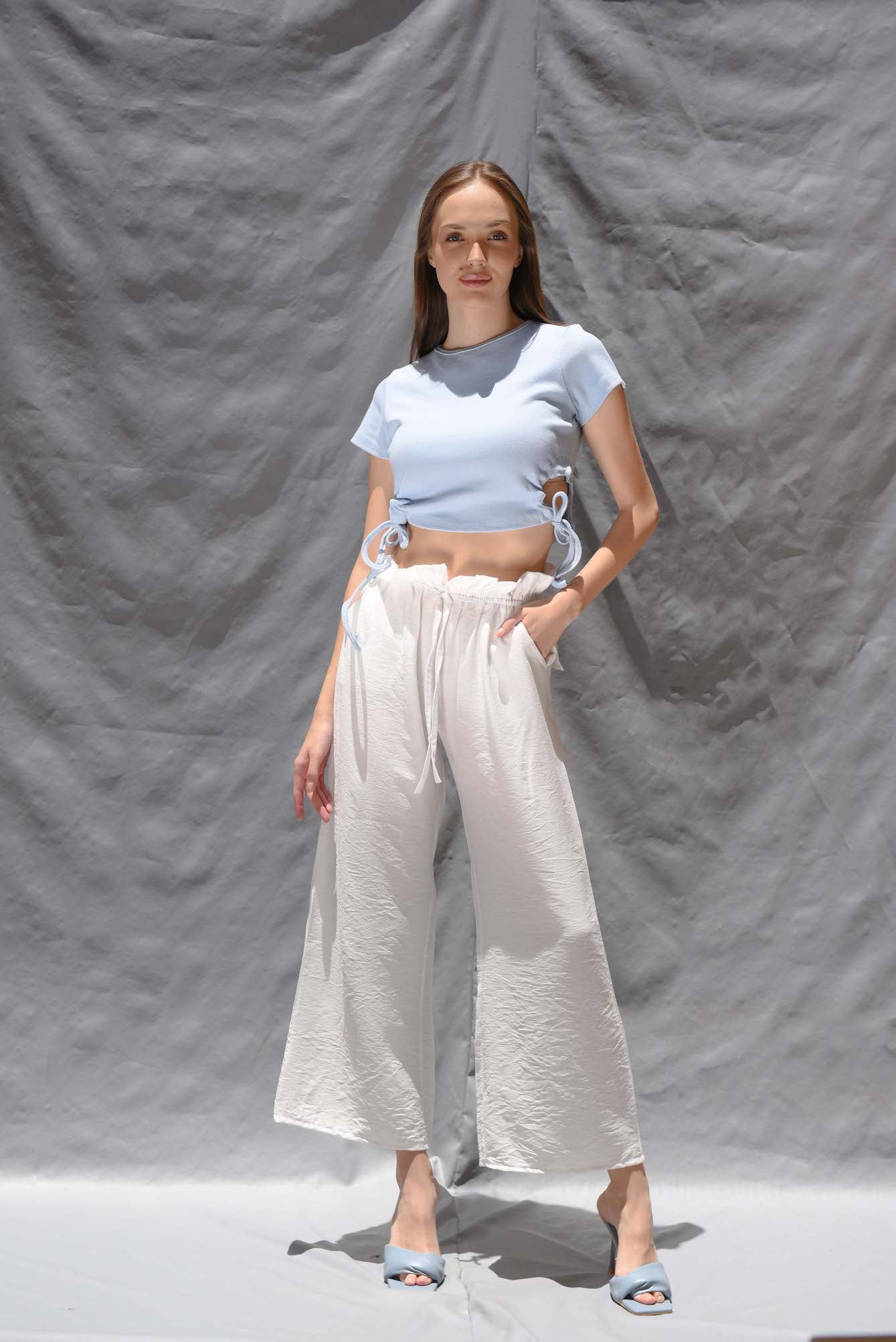 Linen paper bag pants in white