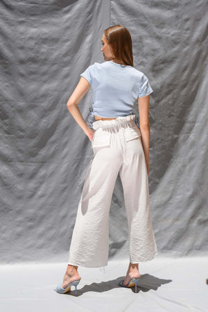 Linen paper bag pants in white