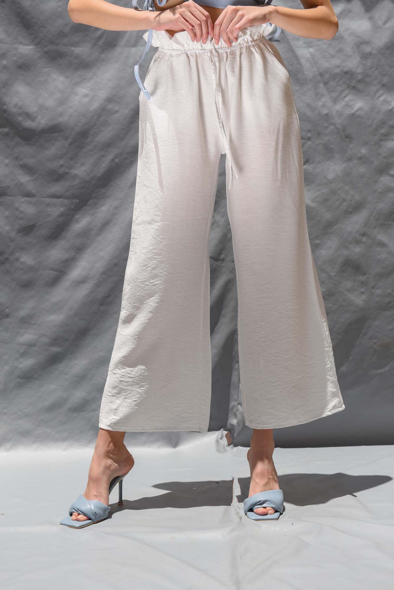 Linen paper bag pants in white