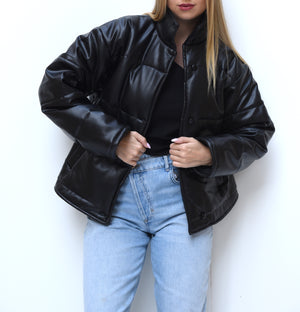 Leather puffer jacket in black