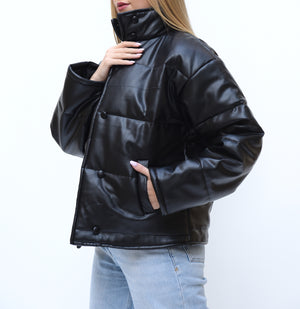 Leather puffer jacket in black