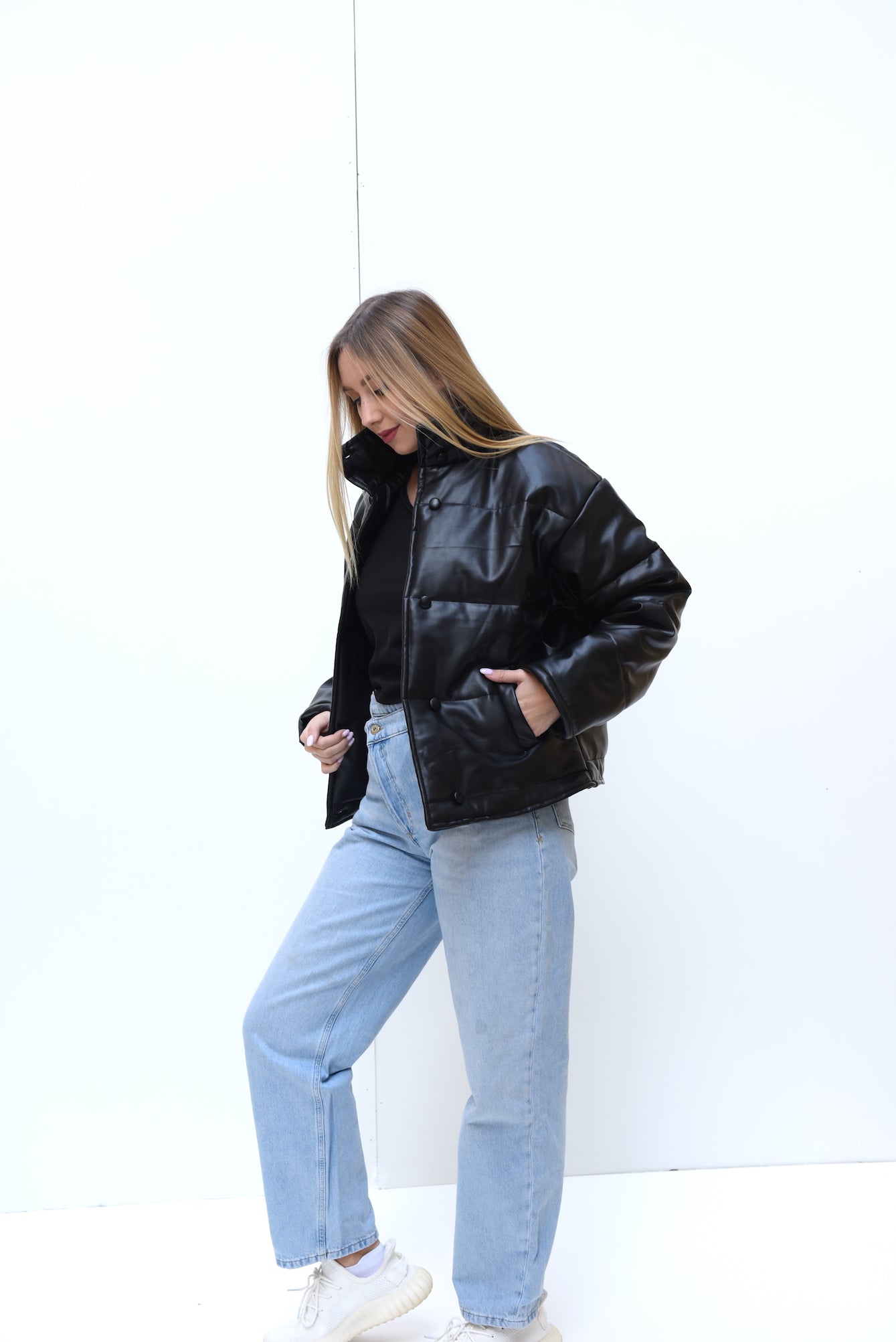 Leather puffer jacket in black