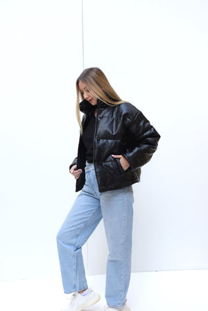 Leather puffer jacket in black