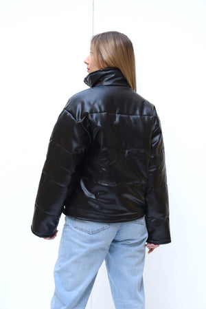 Leather puffer jacket in black