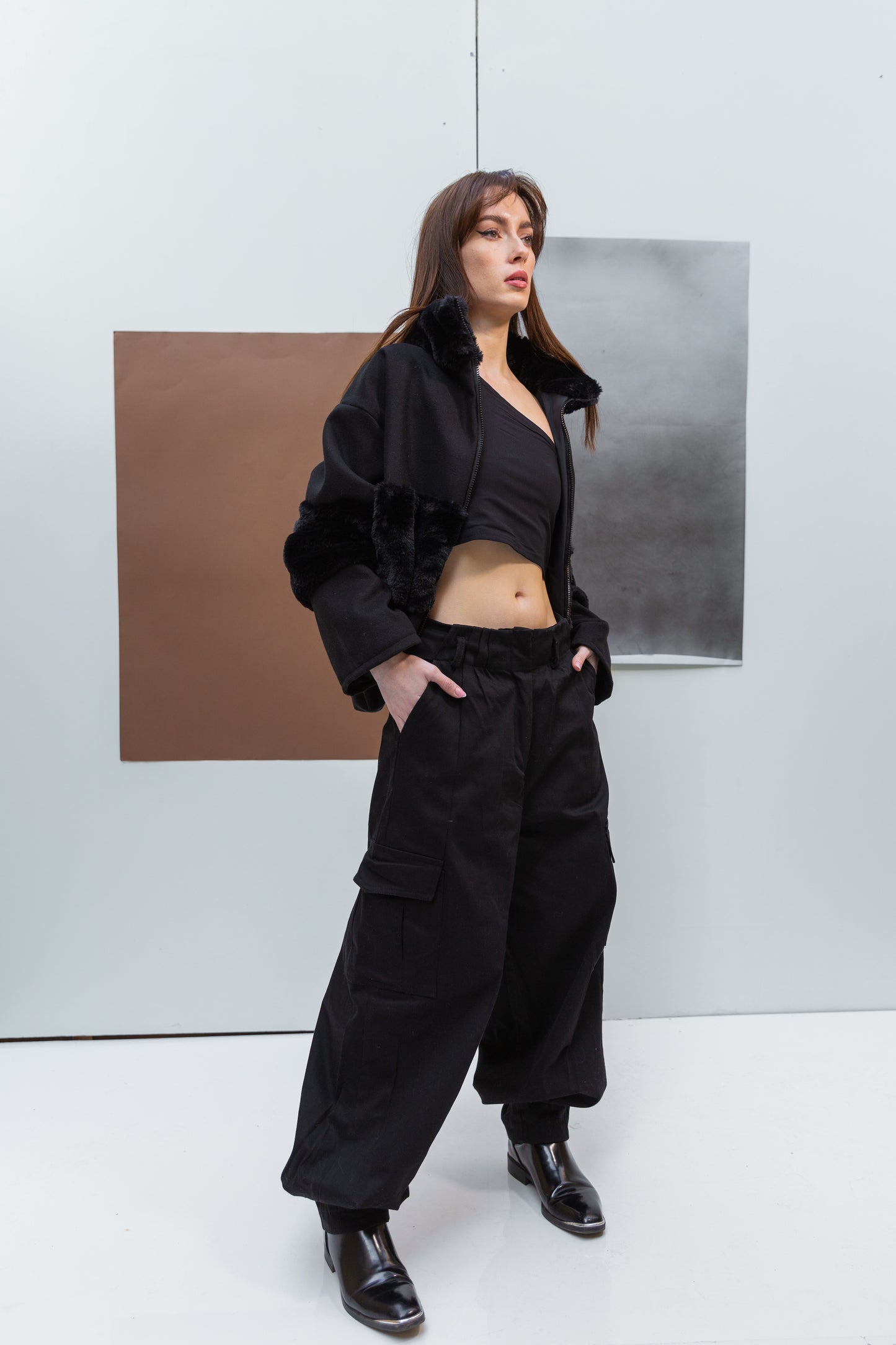 Gabardine parachute pants in black