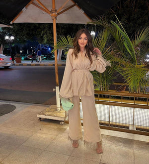 Plume kimono set in beige (Kimono + Pants)